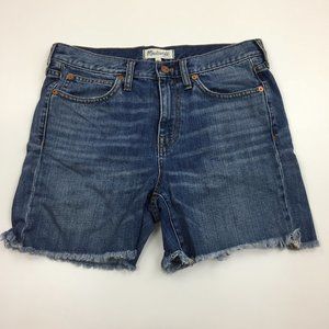 MADEWELL Medium Wash Raw Hem Logo Hardware 5 Pocket Denim Shorts